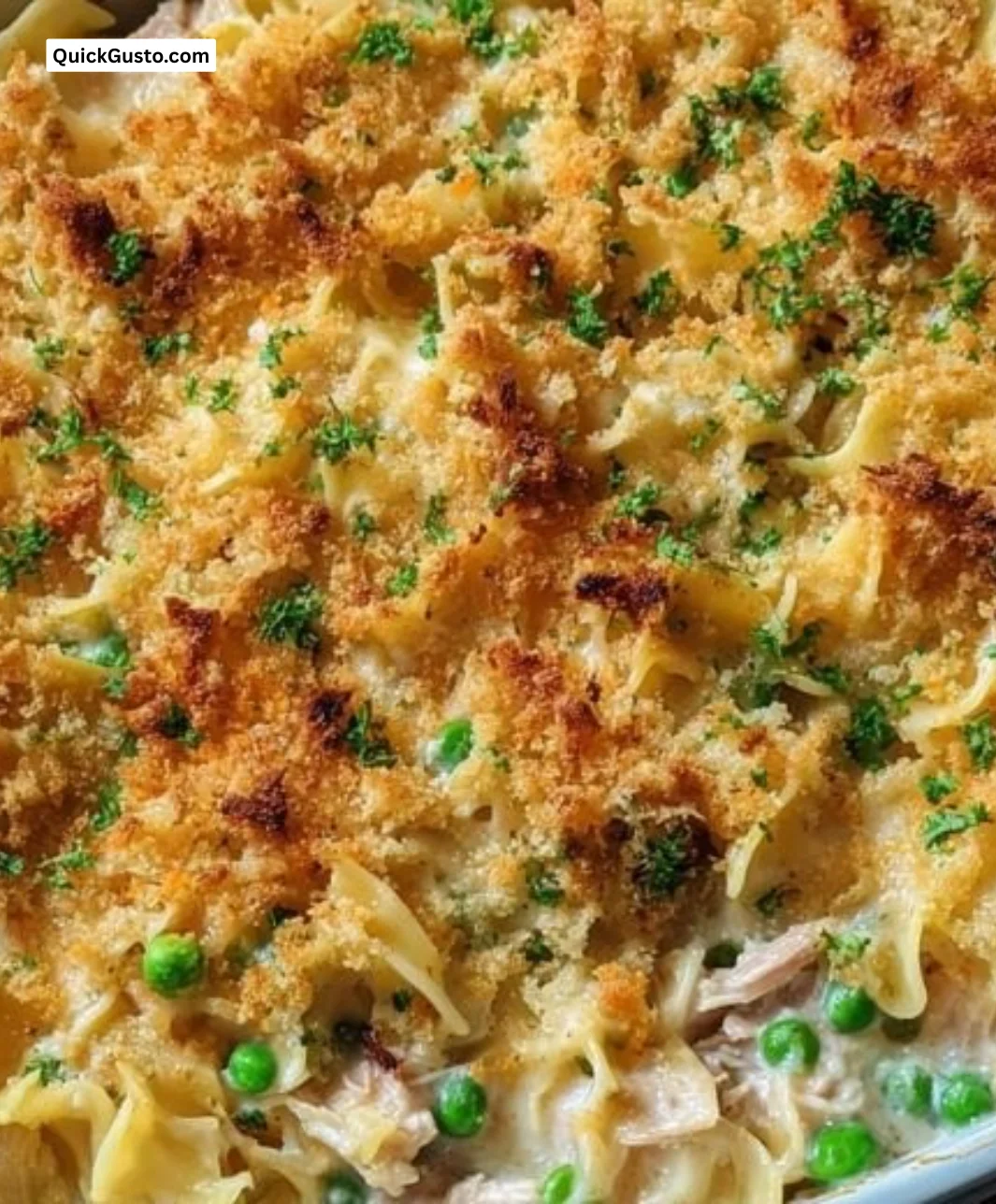 Deliciously creamy tuna noodle casserole baked to golden perfection