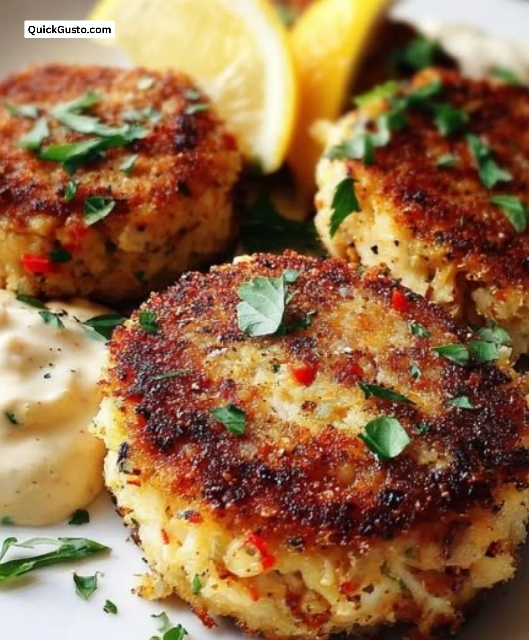 Delicious homemade crab cakes served with lemon and tartar sauce