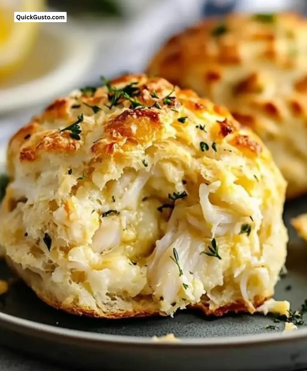 Crab Stuffed Cheddar Bay Biscuits with zesty lemon drizzle on a plate