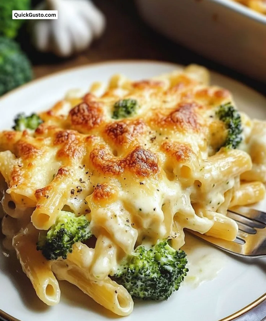 Creamy baked ziti with broccoli and Alfredo sauce in a dish