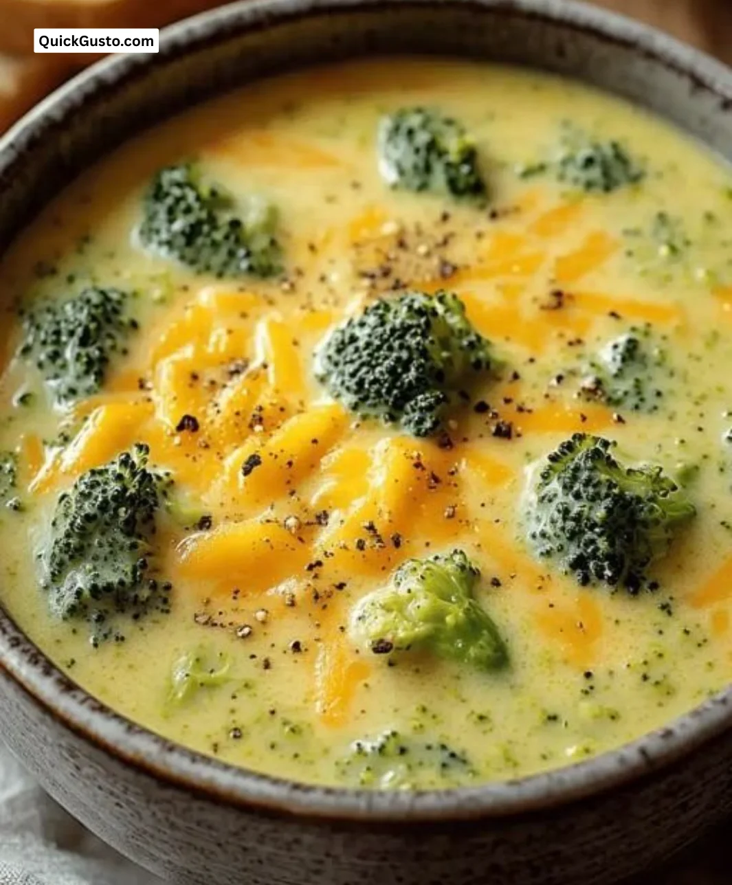 Bowl of creamy broccoli cheddar soup garnished with cheese and herbs