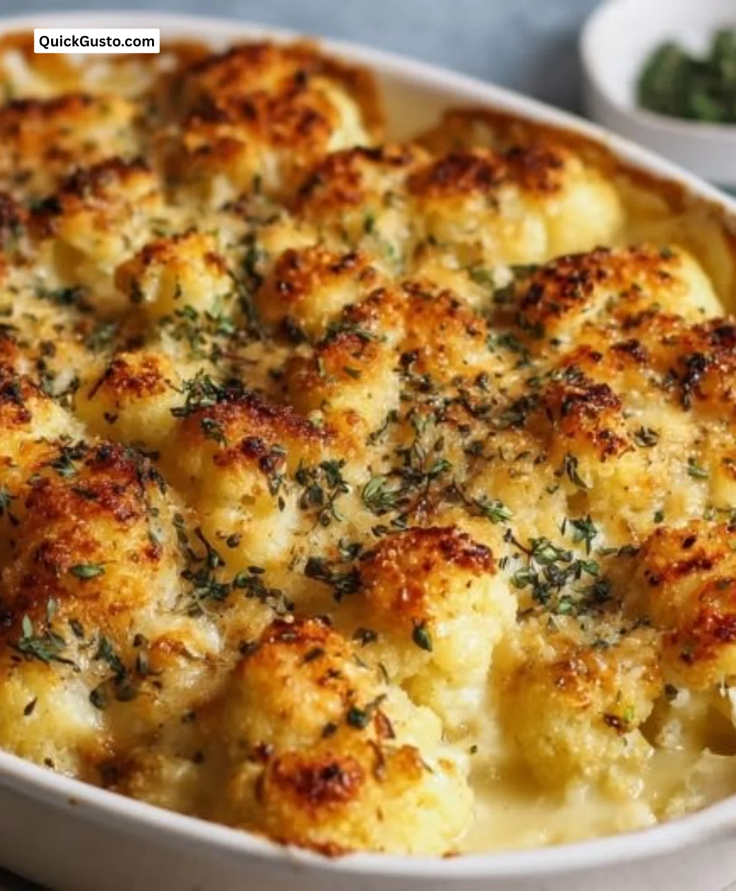 Delicious creamy cauliflower gratin served in a cozy dish.