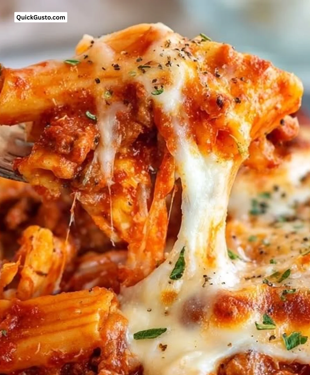 Delicious creamy cottage cheese baked mostaccioli topped with cheese and herbs