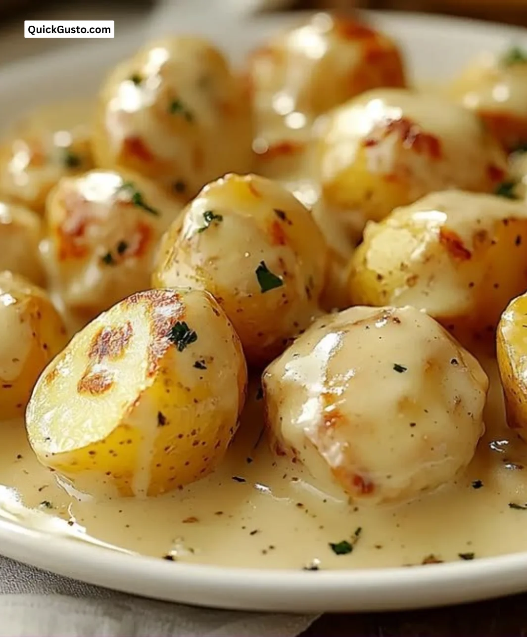 Creamy garlic sauce over baby potatoes, a comforting side dish