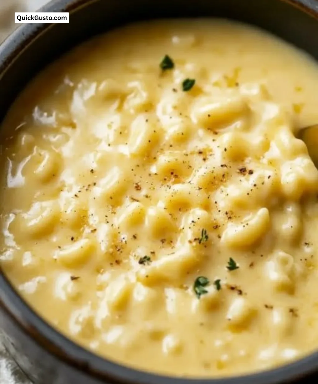 Bowl of creamy Mac and Cheese Soup garnished with herbs