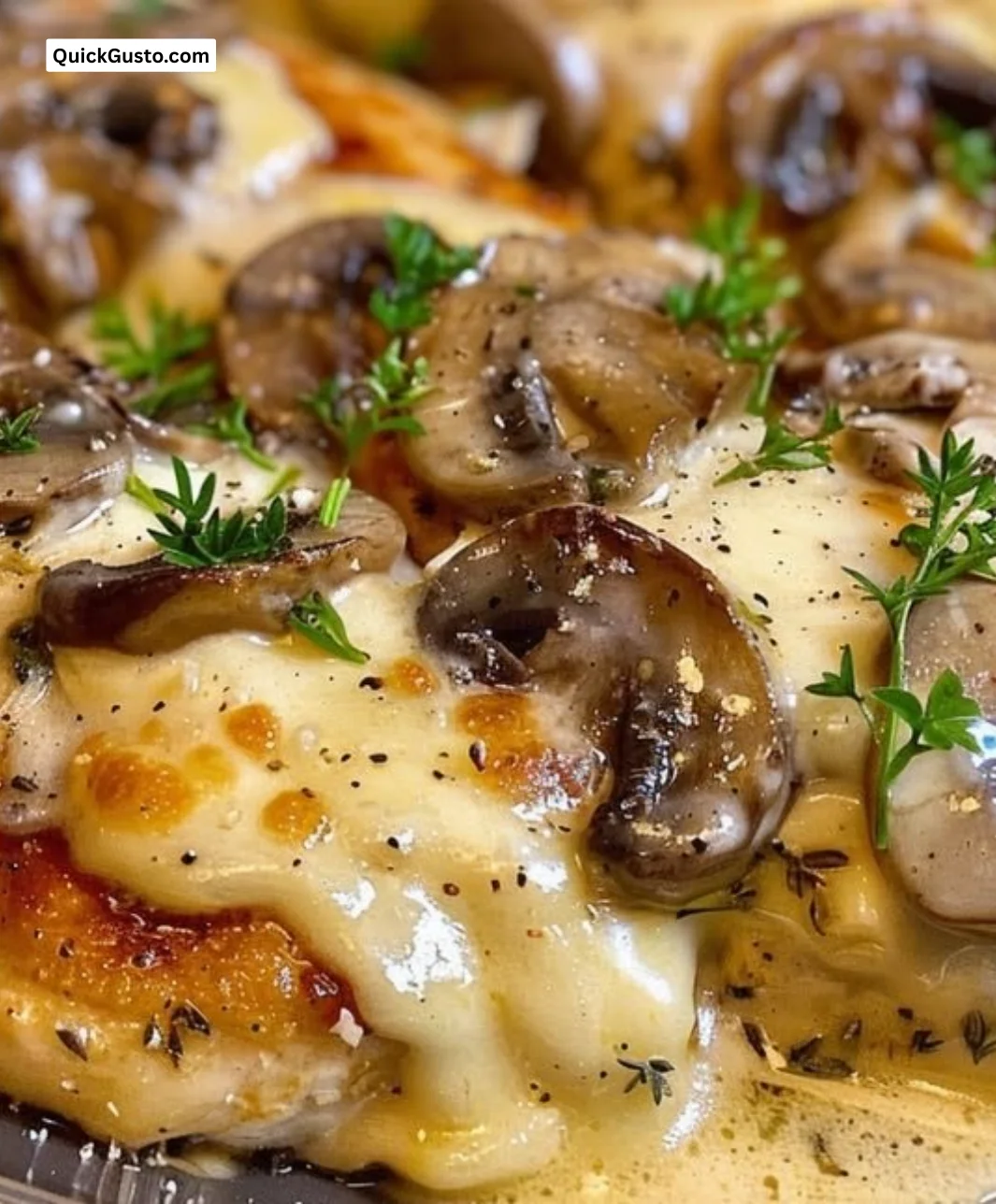 Delicious creamy mushroom asiago chicken served with fresh herbs