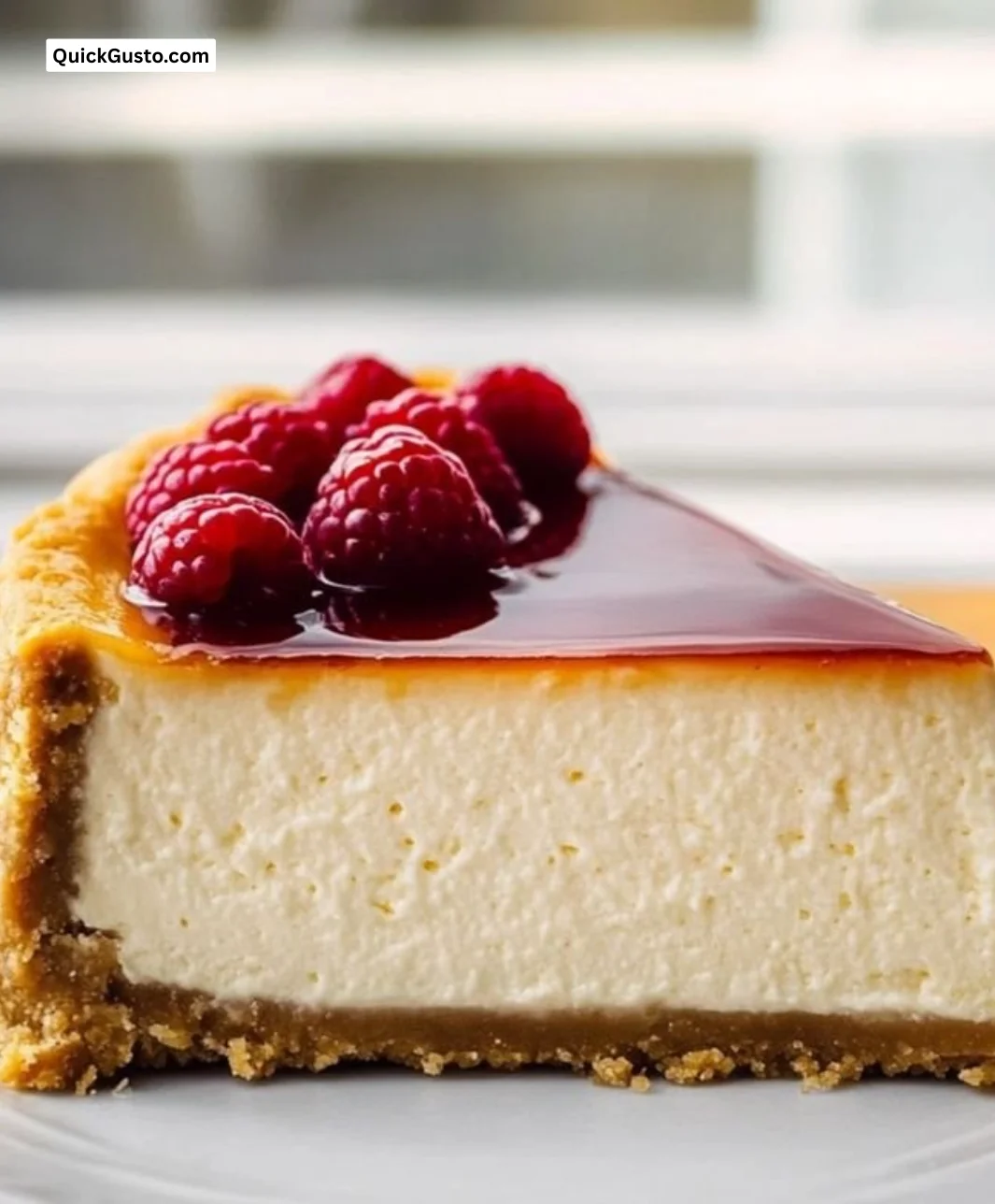 Slice of creamy New York Cheesecake with a graham cracker crust and fresh toppings