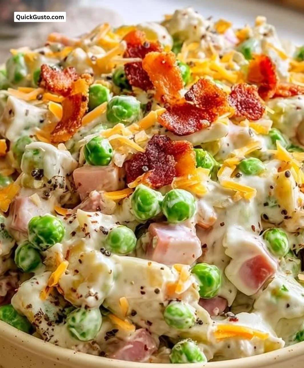 Creamy southern pea salad featuring green peas, mayonnaise, and fresh ingredients