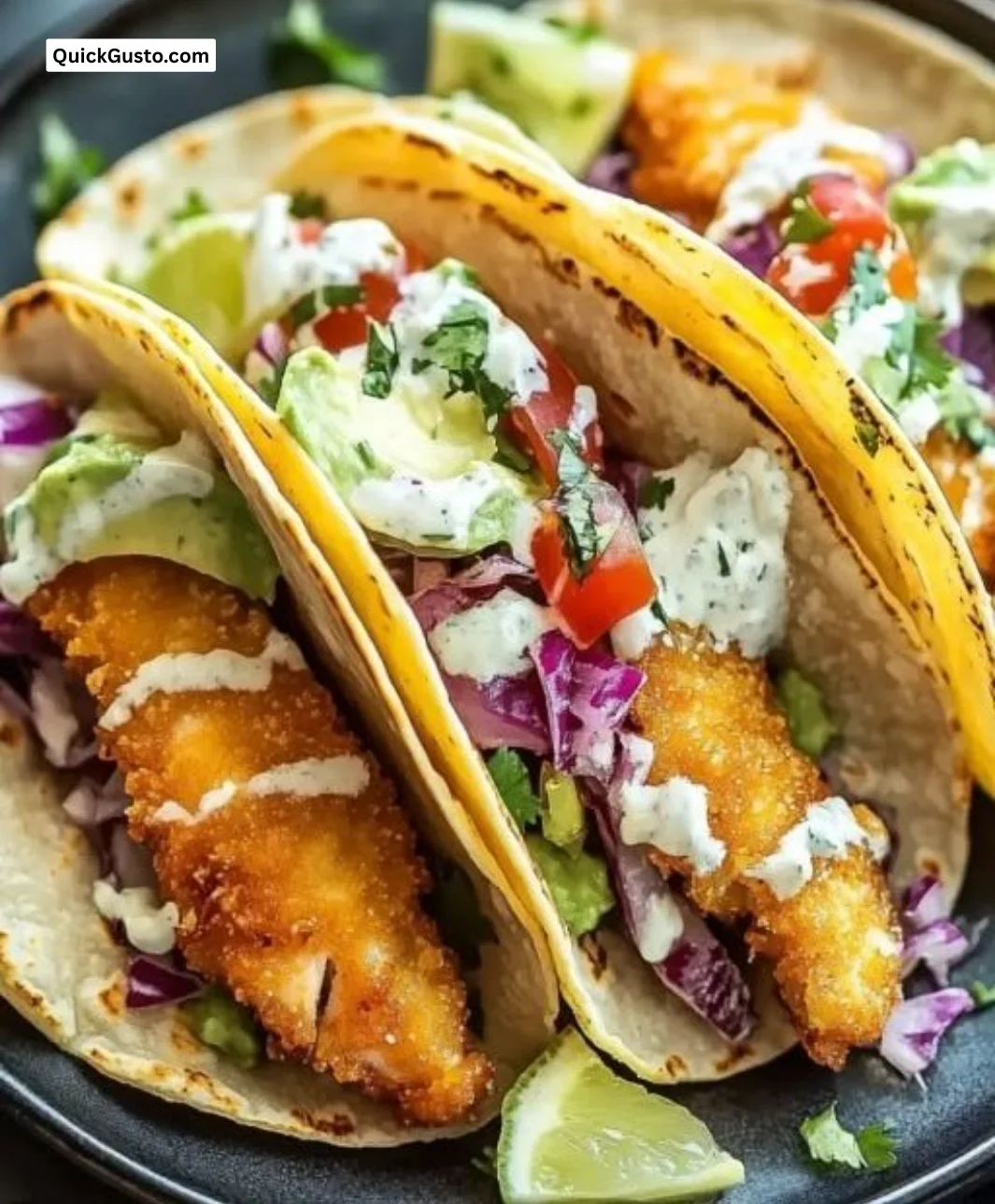 Crispy Baja fish tacos on a plate with fresh toppings and lime wedges