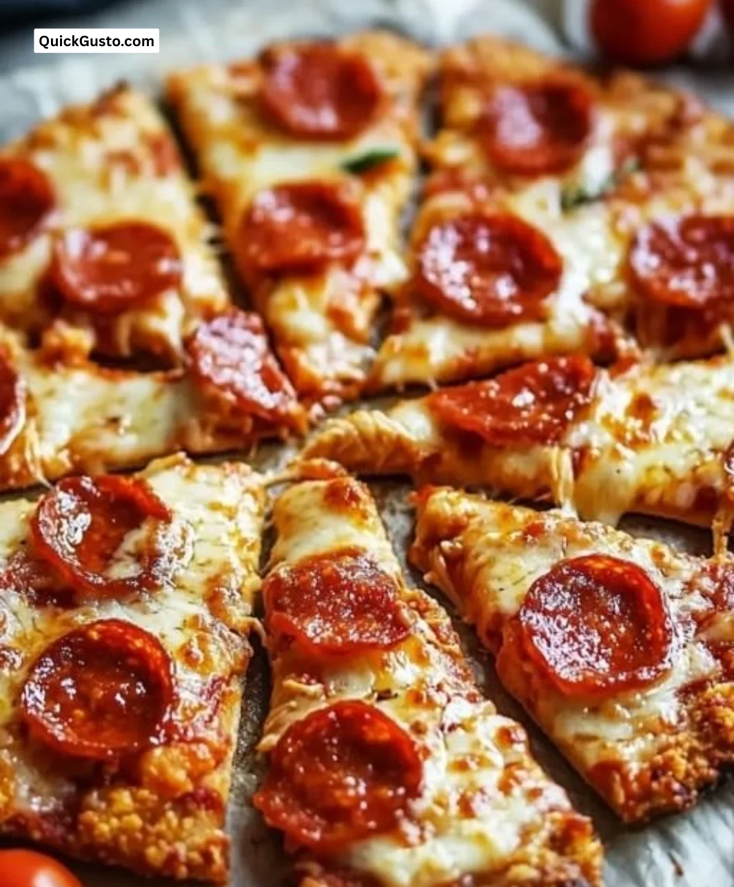 Crispy Chicken Crust Pizza topped with fresh ingredients and melted cheese