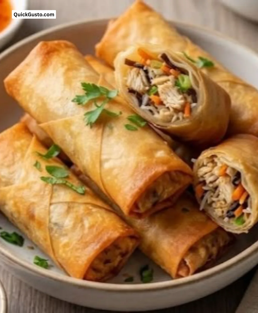 Plate of crispy chicken spring rolls ready to serve from my kitchen