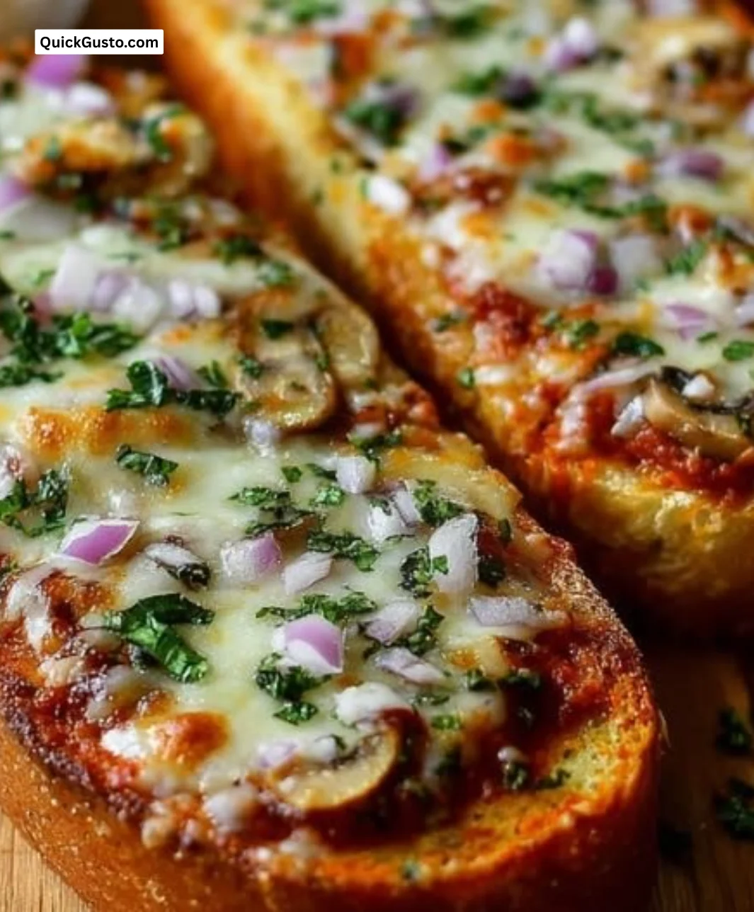 Delicious crispy French bread pizza topped with cheese and veggies.