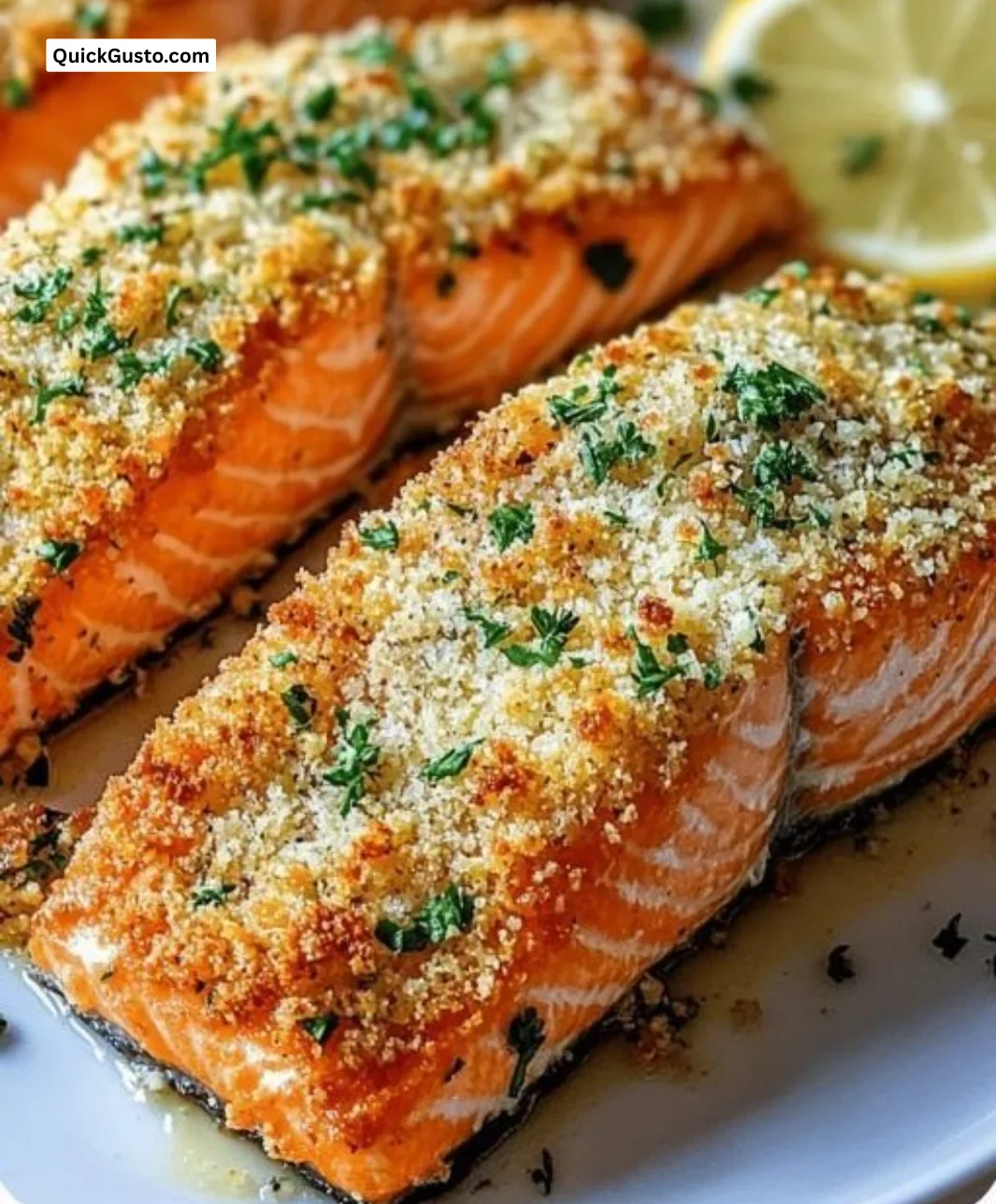 Crispy Parmesan Crusted Baked Salmon served on a plate