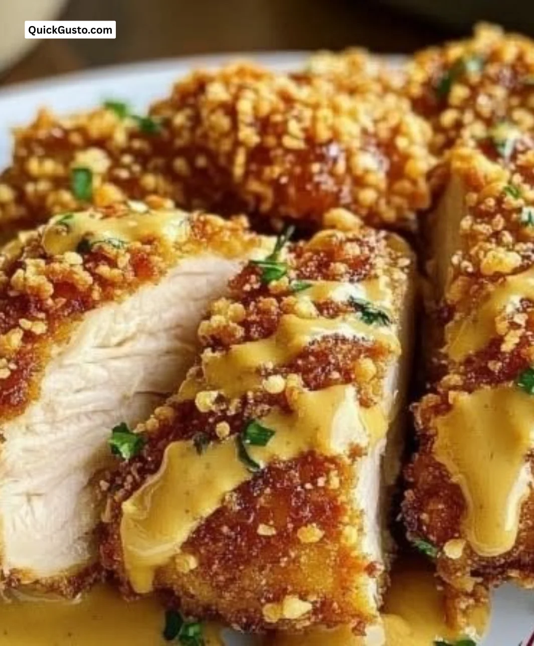 Crispy pretzel crusted chicken with golden crunch and juicy tender center