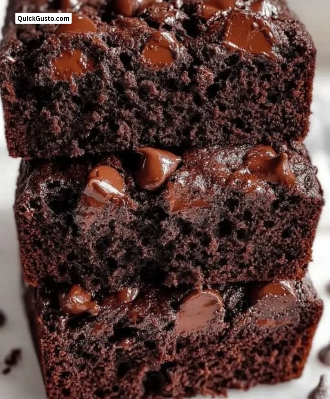 Decadent double chocolate banana bread topped with chocolate chips