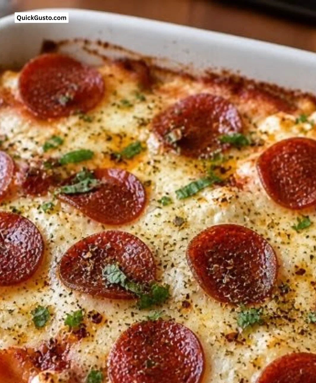 Baked pizza cottage cheese dish served in a cozy setting