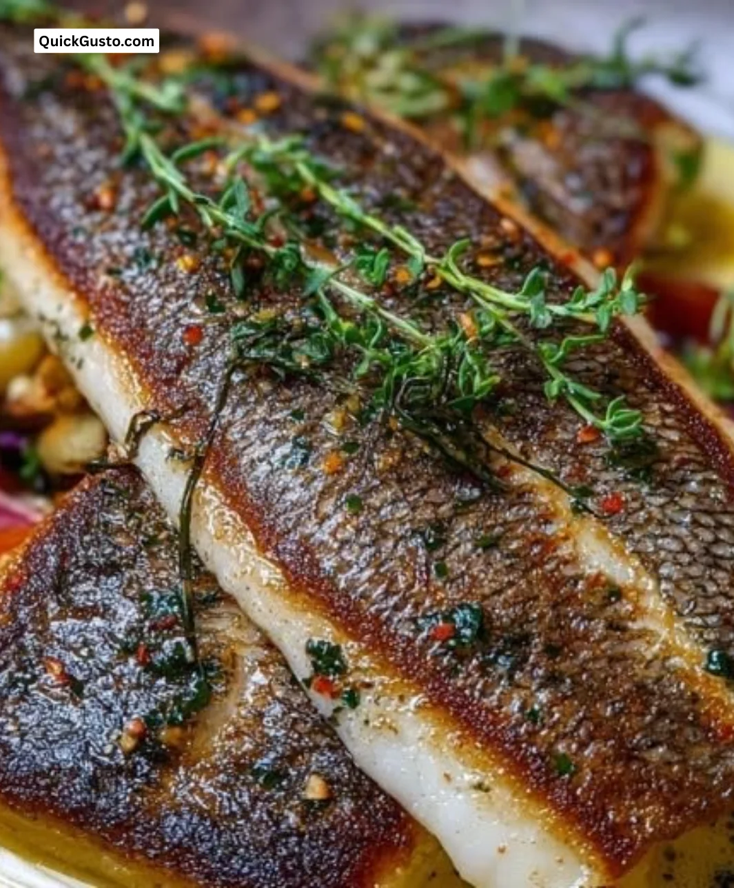 Pan-seared branzino fillet served with fresh herbs and lemon.