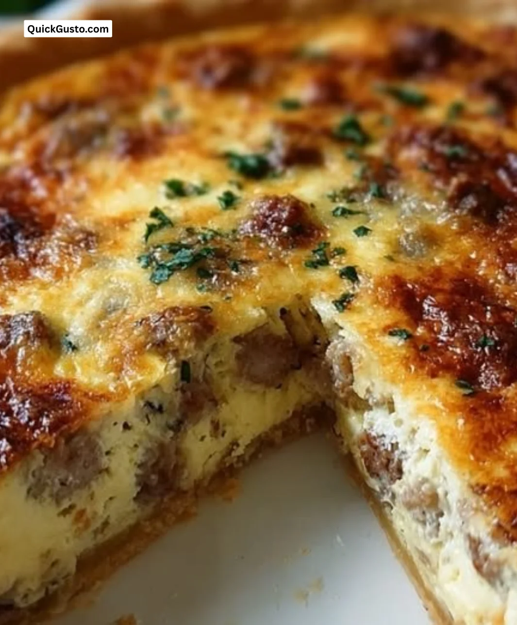 A delicious slice of easy sausage quiche on a plate, garnished with herbs