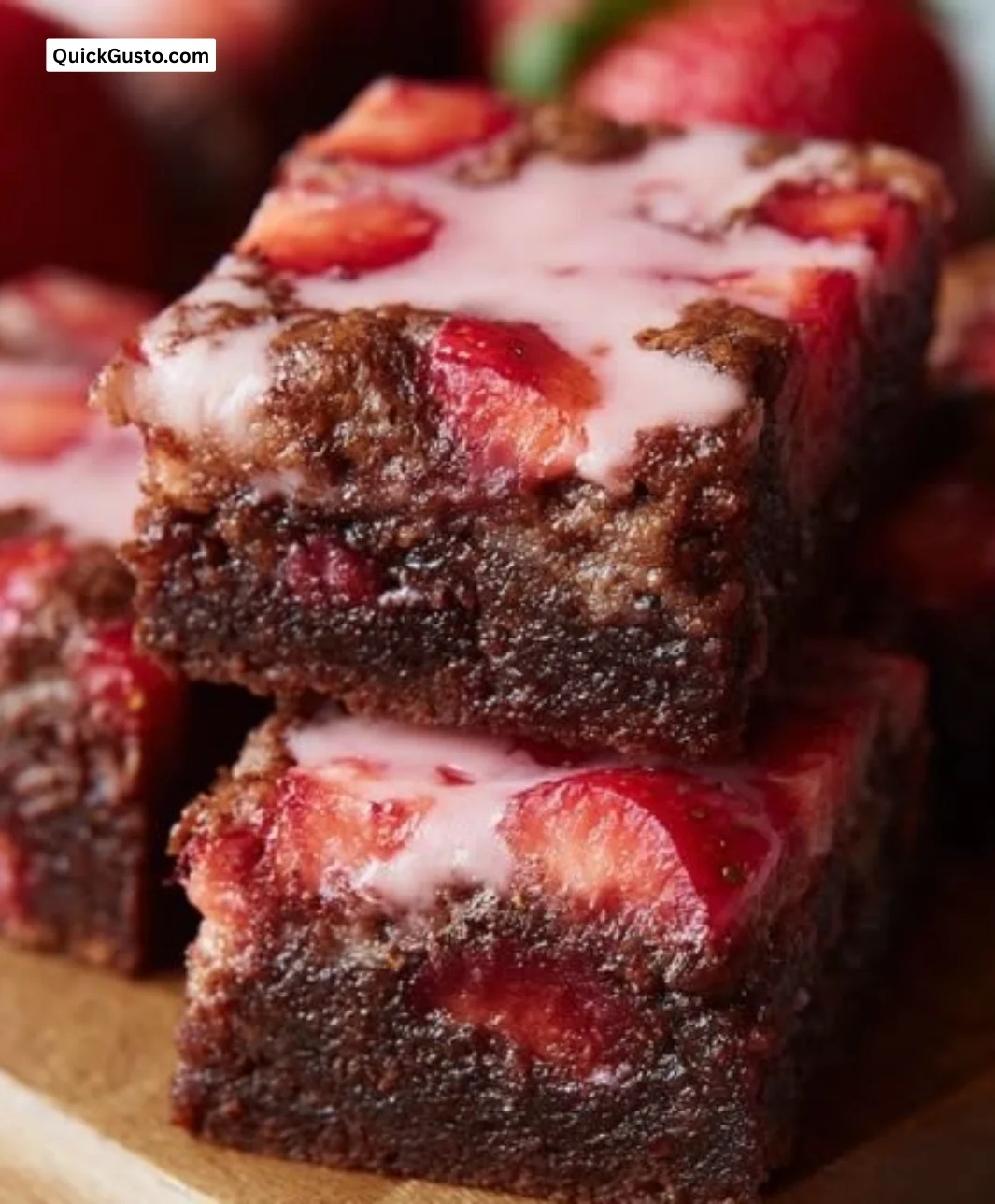 Delicious easy strawberry brownies topped with fresh strawberries and chocolate glaze.