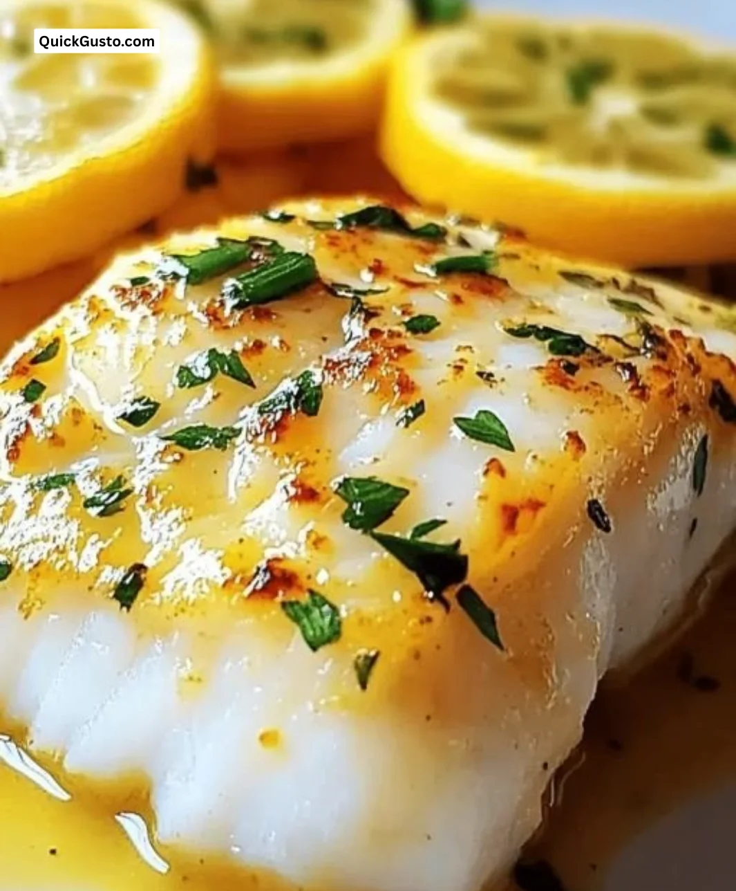 Delicious garlic butter cod served on a plate with herbs and lemon.