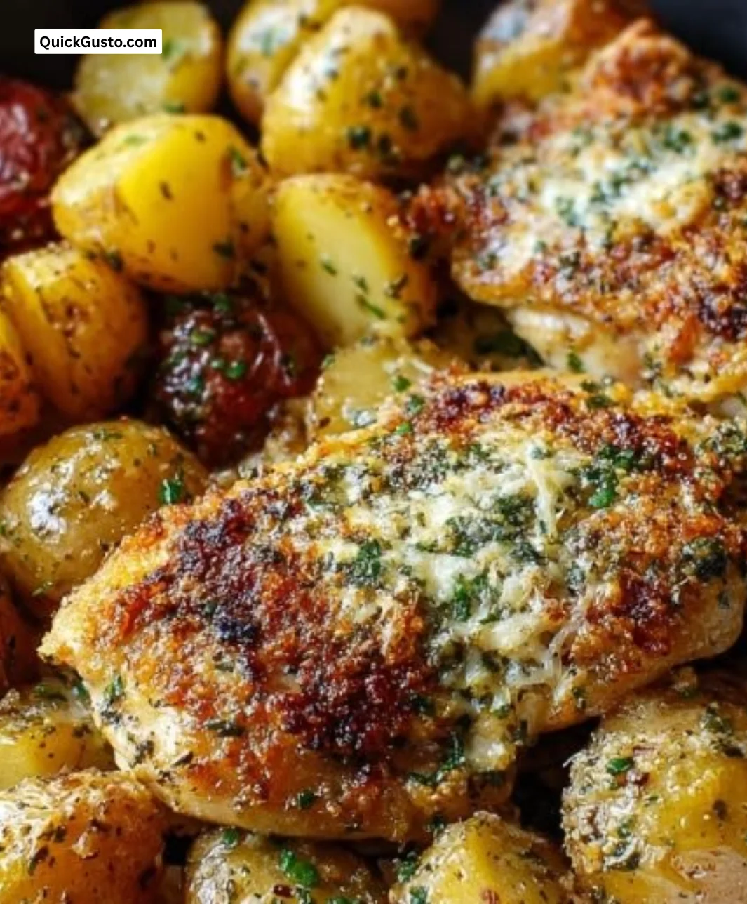 Garlic Parmesan Chicken with Potatoes in a one-pan dish ready for dinner