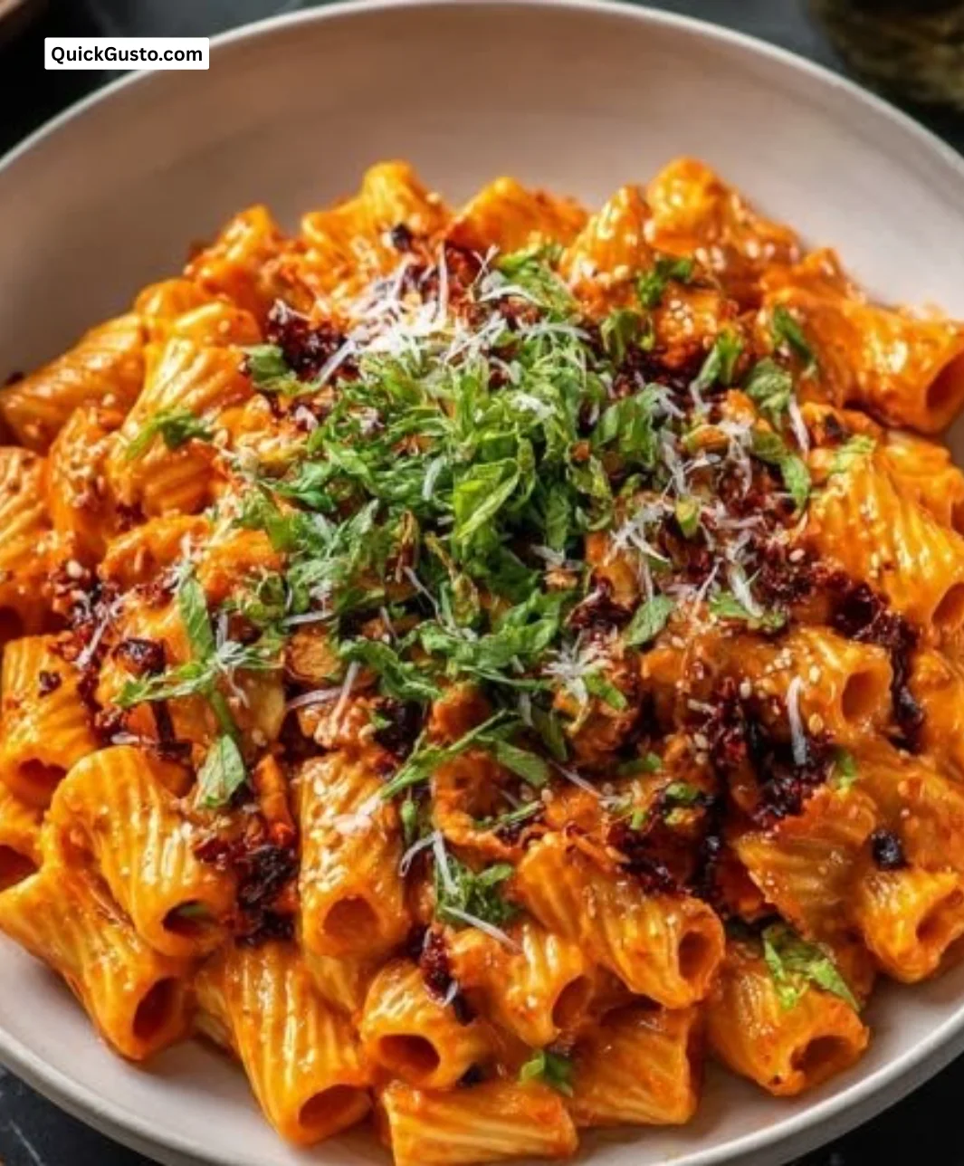 Plate of Gochujang Pasta with vibrant vegetables and sauce