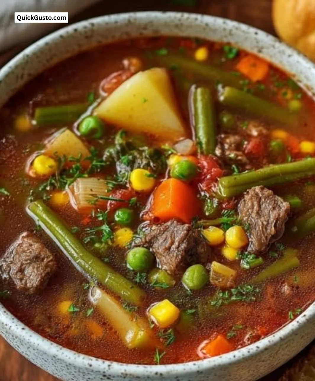 Delicious bowl of hearty vegetable beef soup, perfect for cozy weeknight dinners.