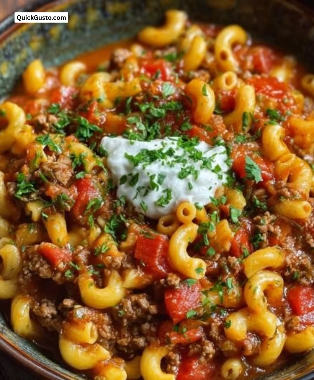 Classic American goulash served in a skillet, perfect for cozy weeknight dinners.