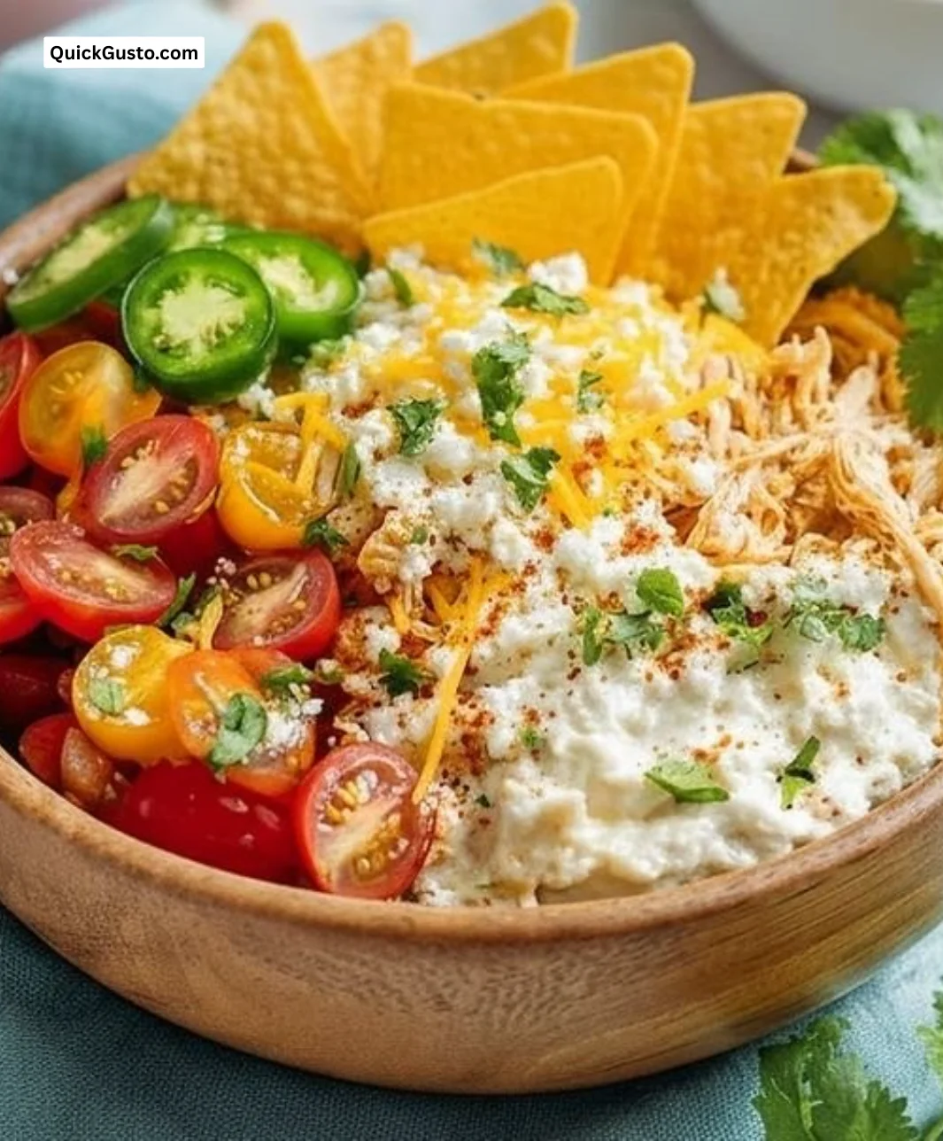 High protein cottage cheese taco bowl with chicken and fresh toppings