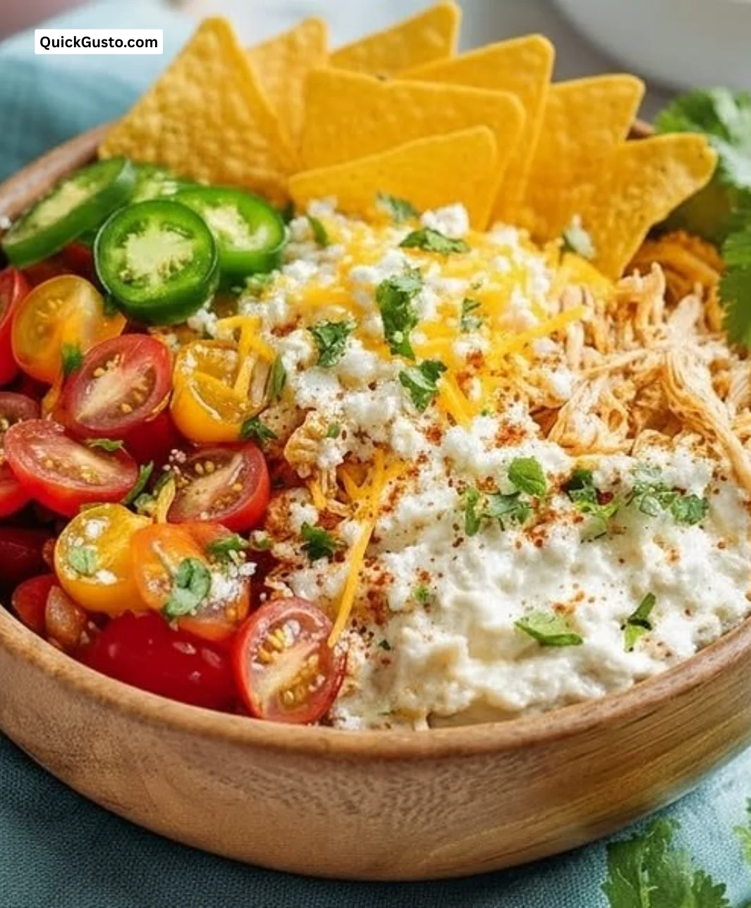 High protein cottage cheese chicken taco bowl with vibrant toppings.