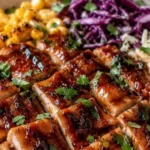 A delicious Honey BBQ Chicken Rice Bowl topped with fresh ingredients.