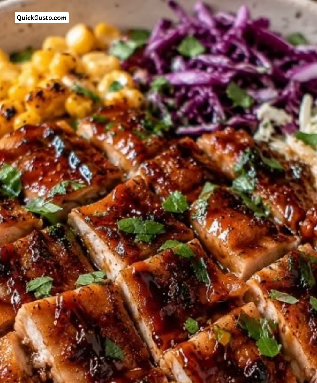A delicious Honey BBQ Chicken Rice Bowl topped with fresh ingredients.