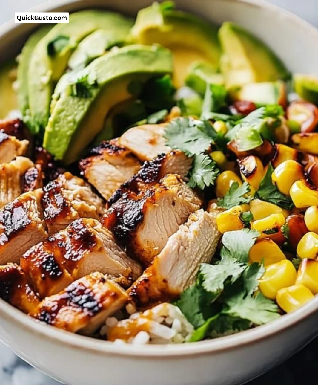 Honey Chipotle Chicken Bowl with veggies and rice