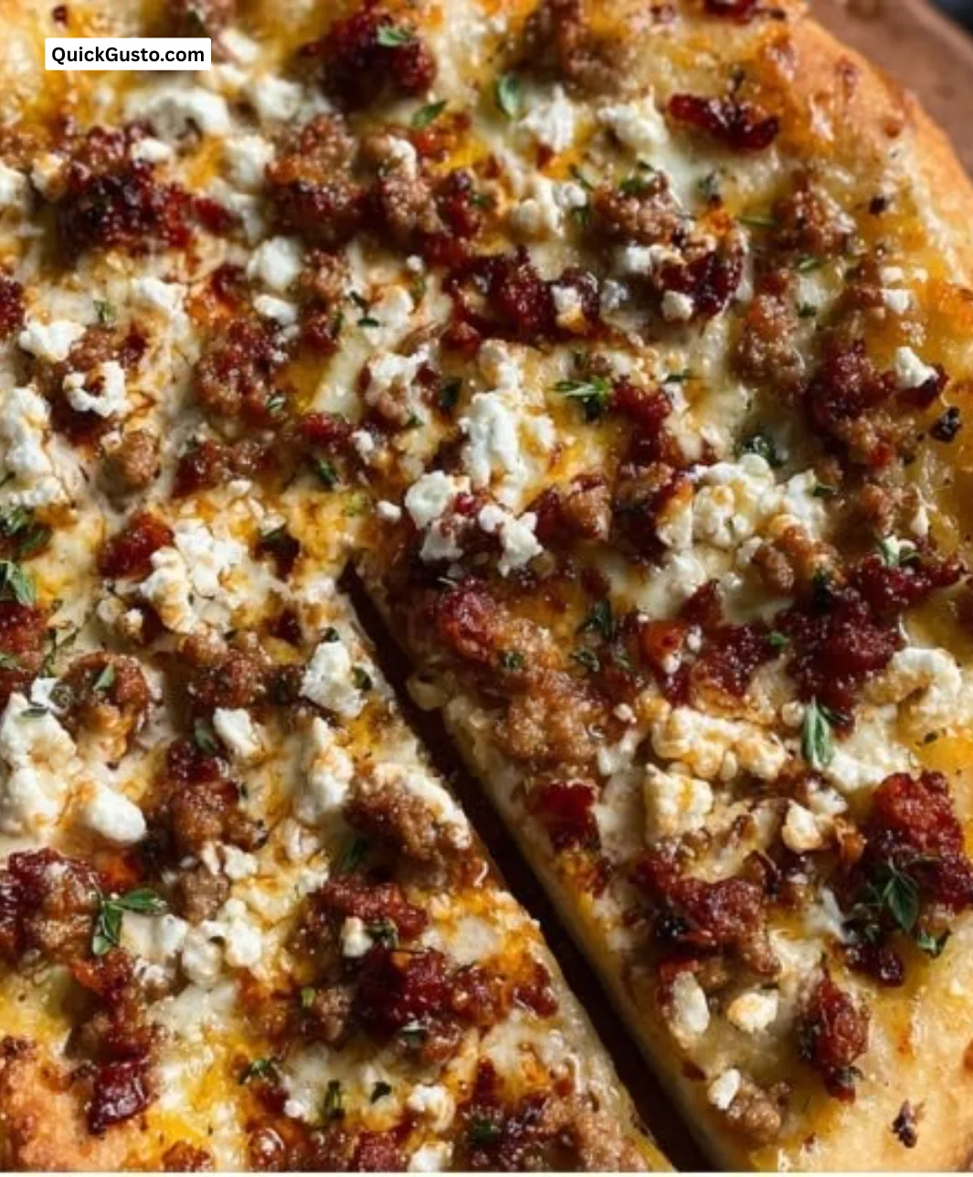 Hot Sausage Feta Honey Pizza with crispy crust and sweet-heat toppings