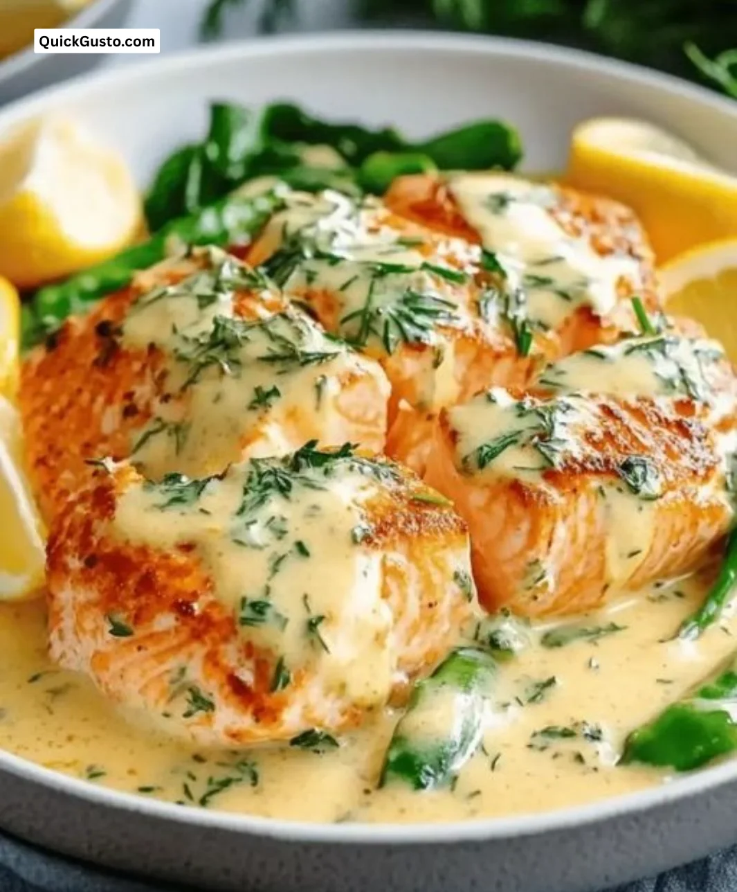 Delicious creamy herb salmon dish garnished with fresh herbs