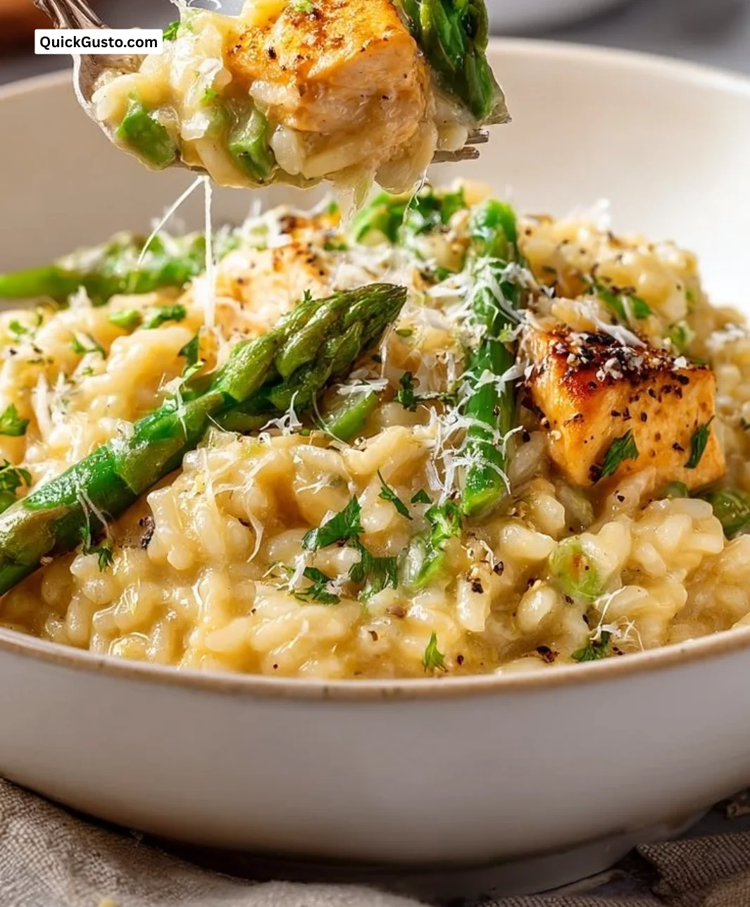 Delicious Chicken Risotto with asparagus served in a bowl