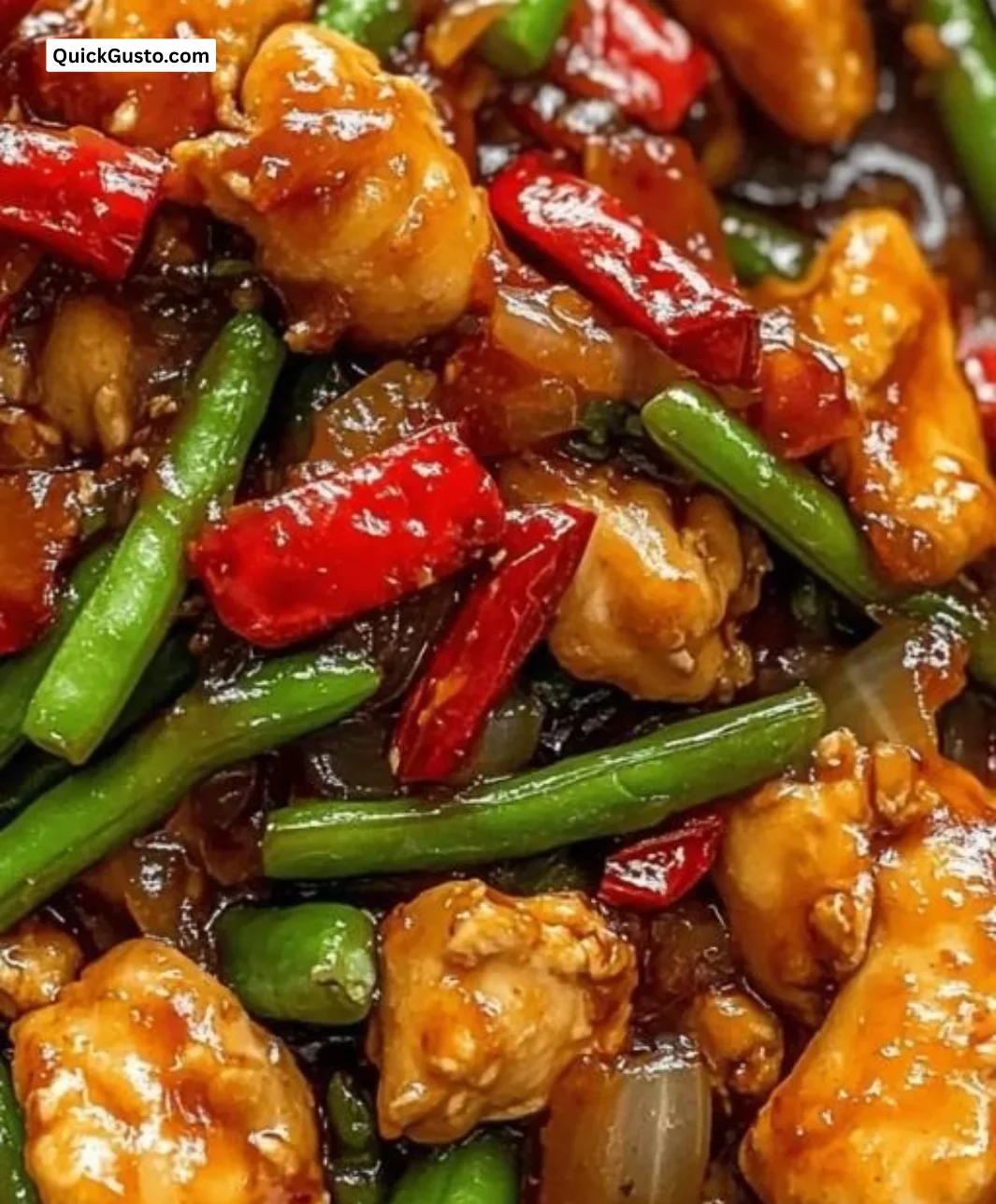 Garlicky Sweet Thai Chili Chicken stir fry with green beans on a plate