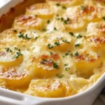 Creamy scalloped potatoes dish prepared using Paula Deen's recipe.