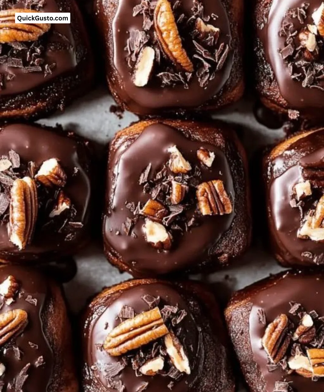 Gooey chocolate pecan cinnamon rolls drizzled with icing on a wooden table.