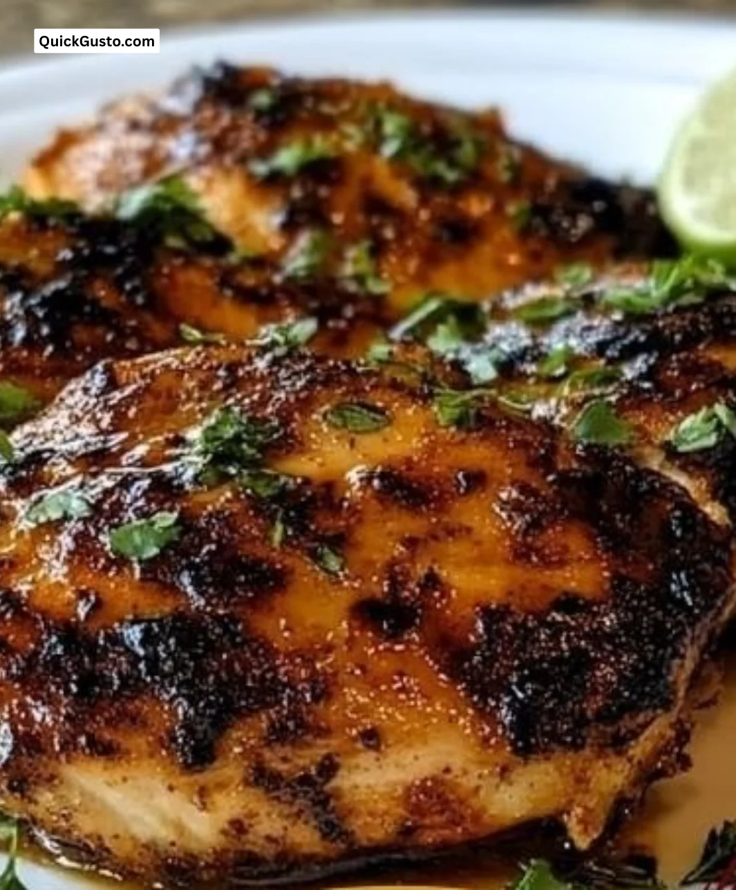 Juicy spicy grilled Cuban chicken served with fresh vegetables and lime.