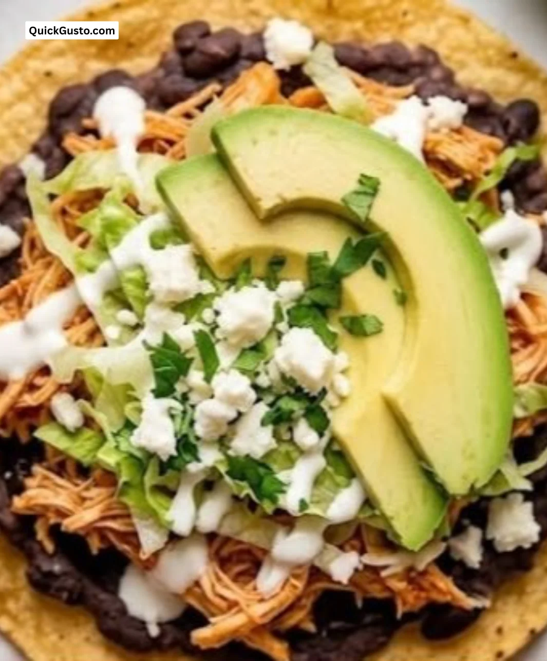 Plate of colorful kid-friendly Mexican tostadas topped with fresh ingredients