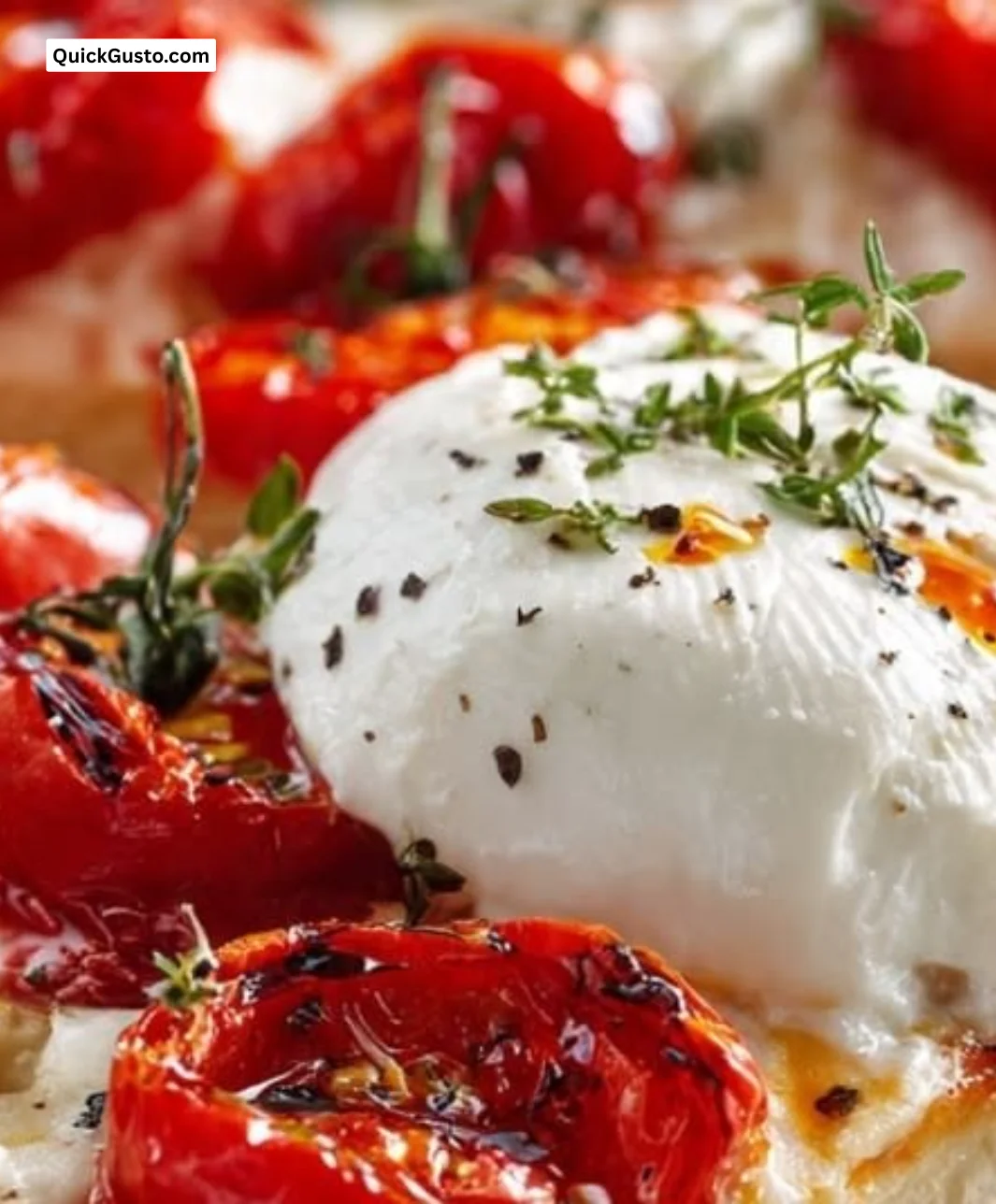 Delicious Marinated Tomato and Burrata Pizza topped with fresh basil.