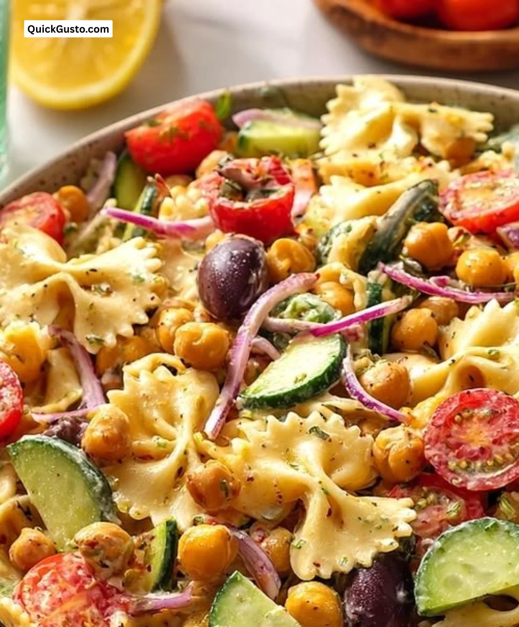 Mediterranean Sunshine Pasta Salad with chickpeas, feta, and Greek ingredients