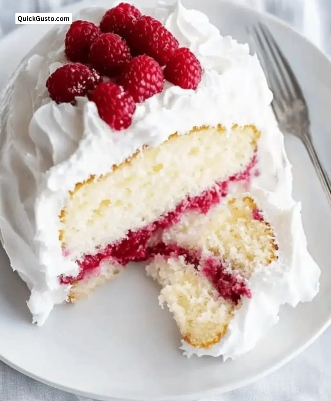 Light and luscious raspberry and cream angel food cake dessert slice
