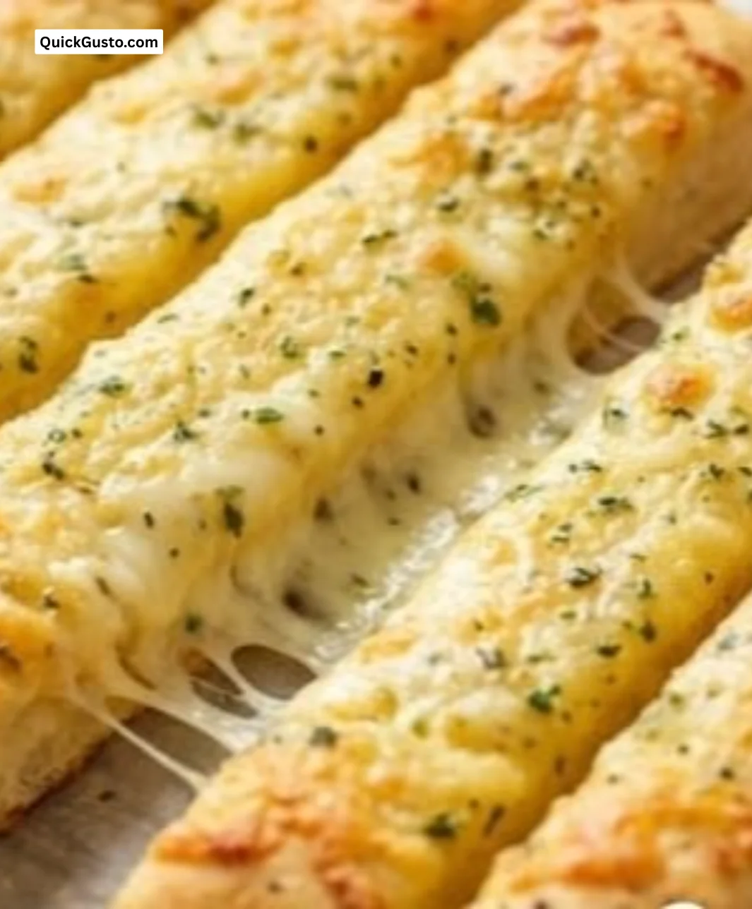 Easy cheesy breadsticks fresh out of the oven, topped with melted cheese.