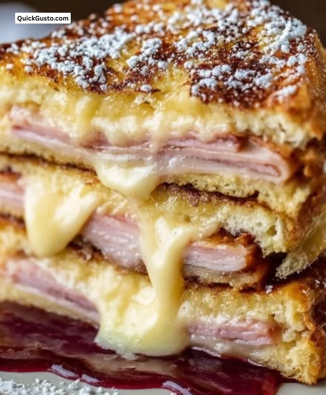 Delicious Monte Cristo sandwich with melted cheese and savory fillings.