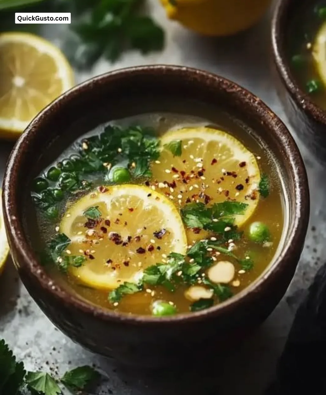 Miso Ginger Lemon Detox Broth in a bowl with fresh ingredients
