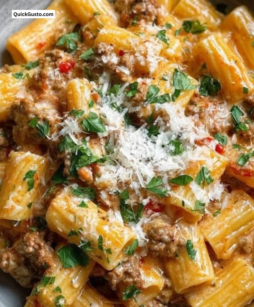 Creamy Italian Sausage Rigatoni dish served in a bowl.