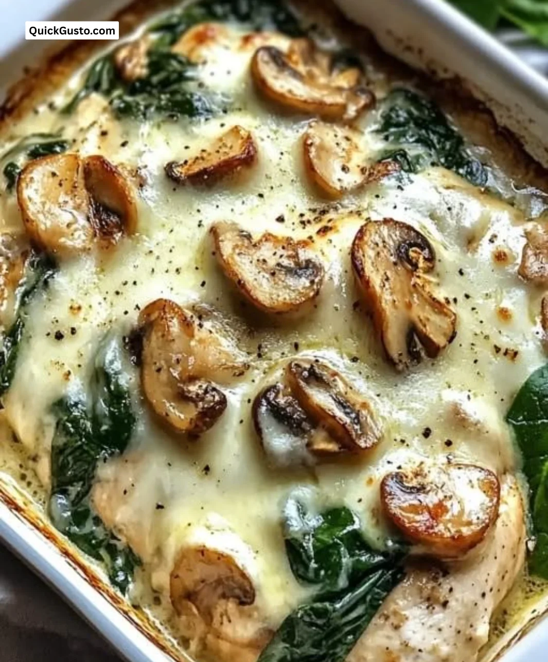 One-pan chicken spinach and mushroom oven dish ready to be served.