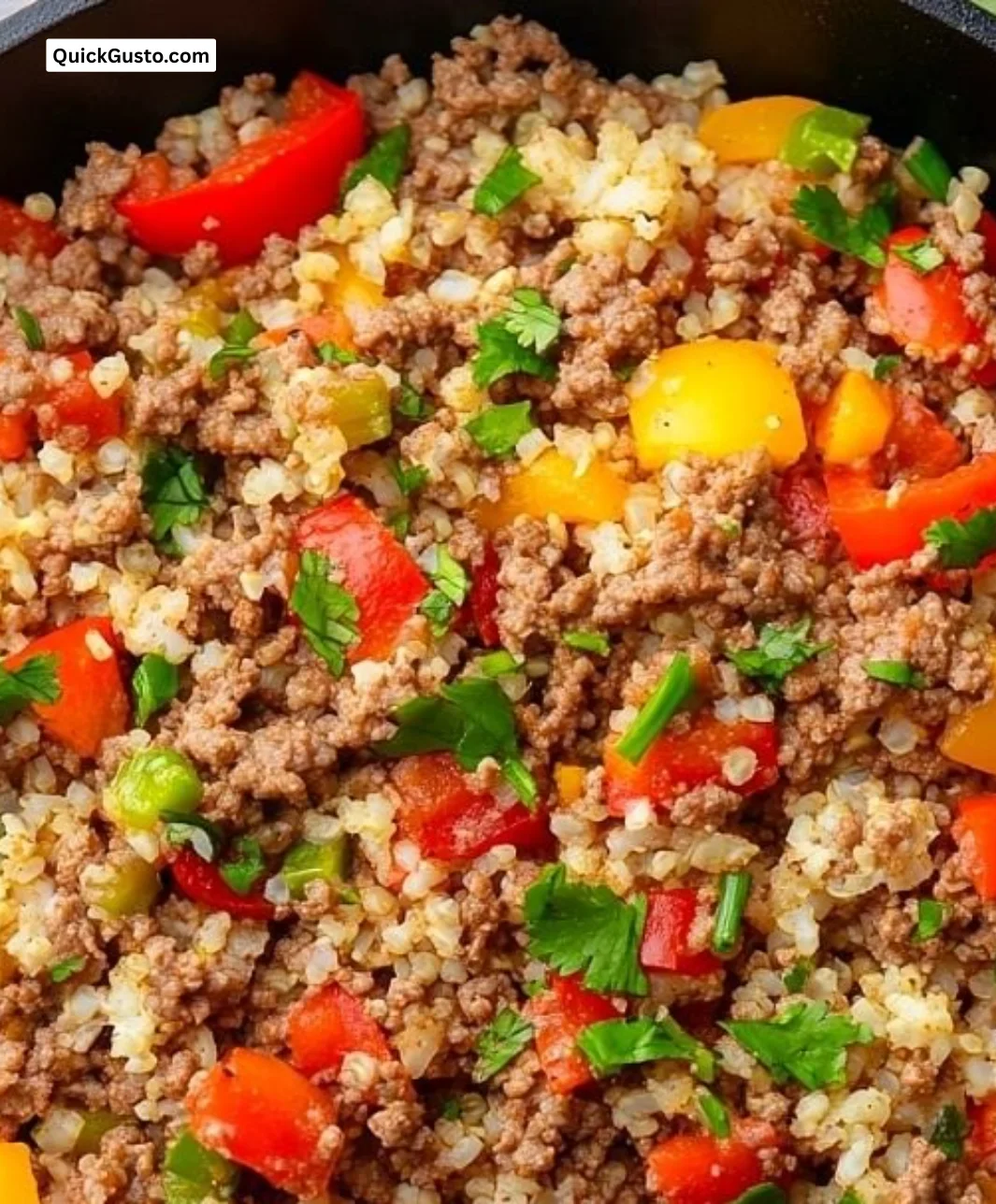Homemade cauliflower rice served with ground beef in a one-pan dish